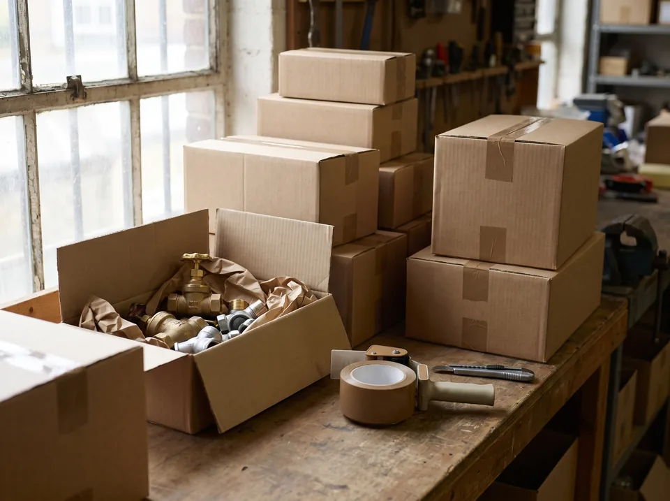 Brass valves and fittings packed into plain cartons on a warehouse packing bench for an international shipment