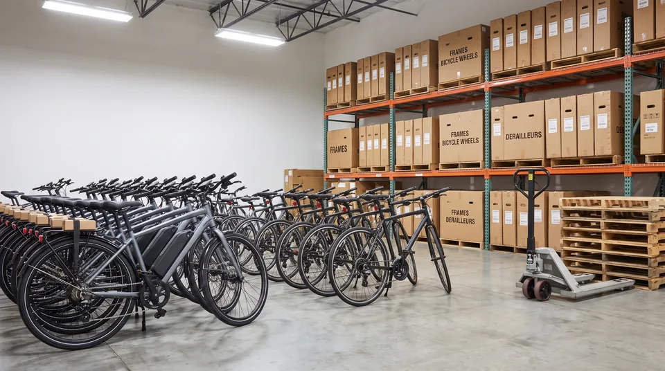 Imported bicycles, e-bikes and boxed bicycle parts in a US warehouse