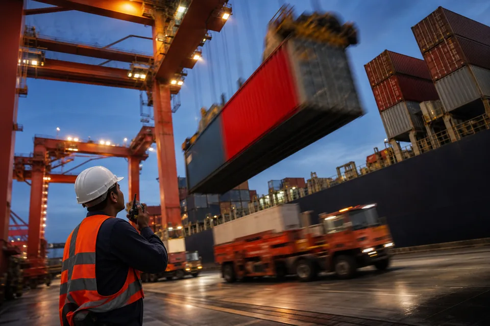 Container being lifted off a ship at a US port at dusk while a dock worker in a hard hat watches