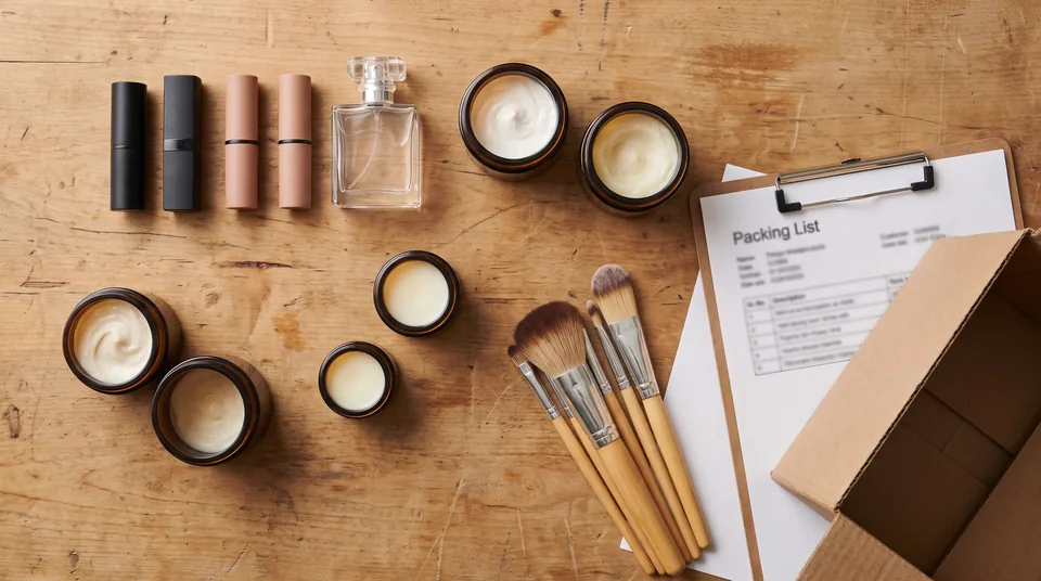 Cosmetics, perfume and makeup brushes unpacked from an import carton