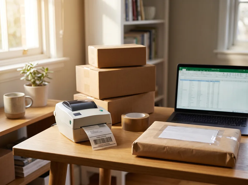 Reseller packing station with international parcels and a customs envelope
