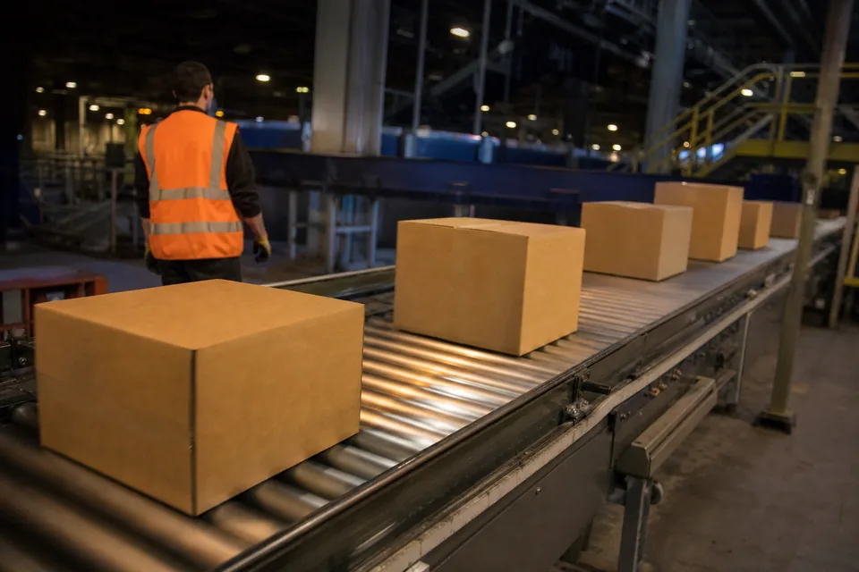 Unmarked parcels moving along a roller conveyor in an express sorting hub at night