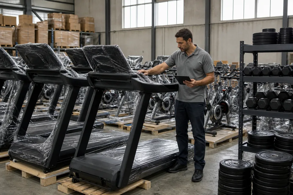Warehouse manager inspecting newly imported treadmills and spin bikes on pallets next to racks of weight plates