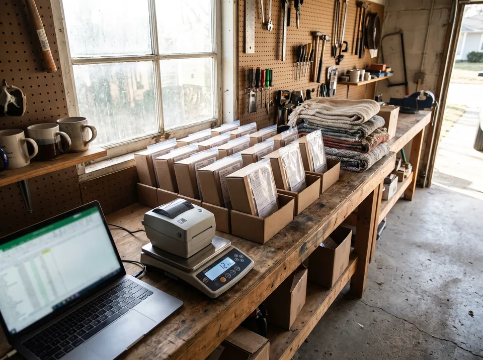 Small business shipping desk with international parcels and customs declaration pouches