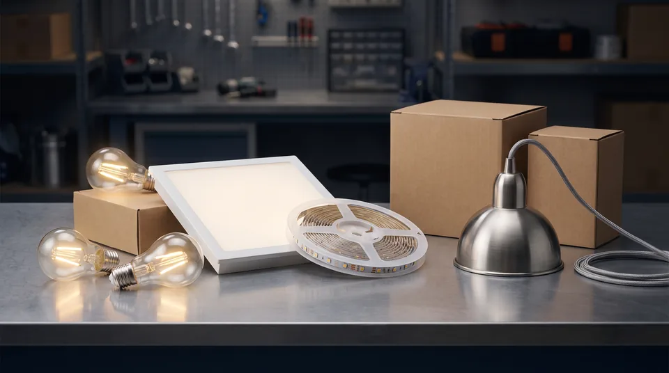 LED bulbs, an LED panel, an LED strip reel and a pendant fixture on a warehouse workbench